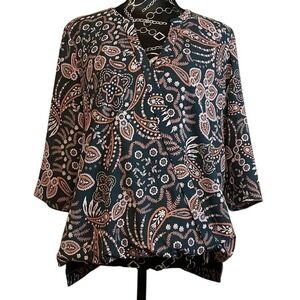 Paisley Print‎ Blouse 3/4 Sleeve Dark Green Boho Chic Top